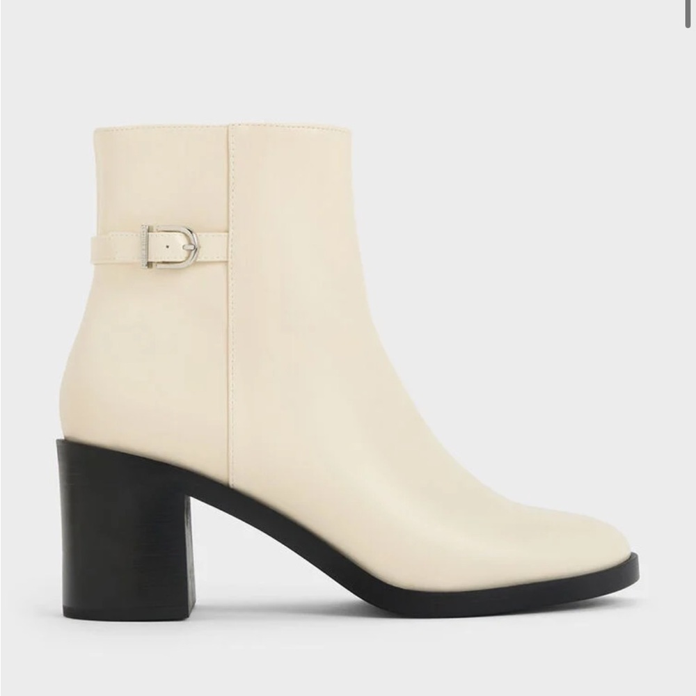 Charles Keith - Side-Buckle Block Heel Ankle Boots - Chalk